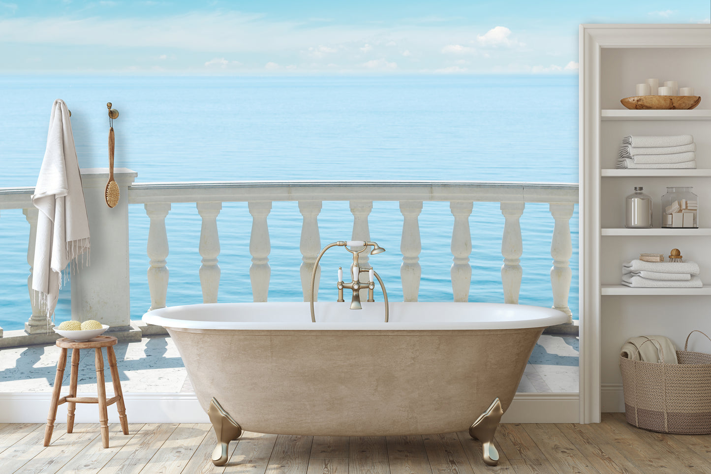 White Railing Balcony Ocean View Wall Mural Wallpaper bathroom