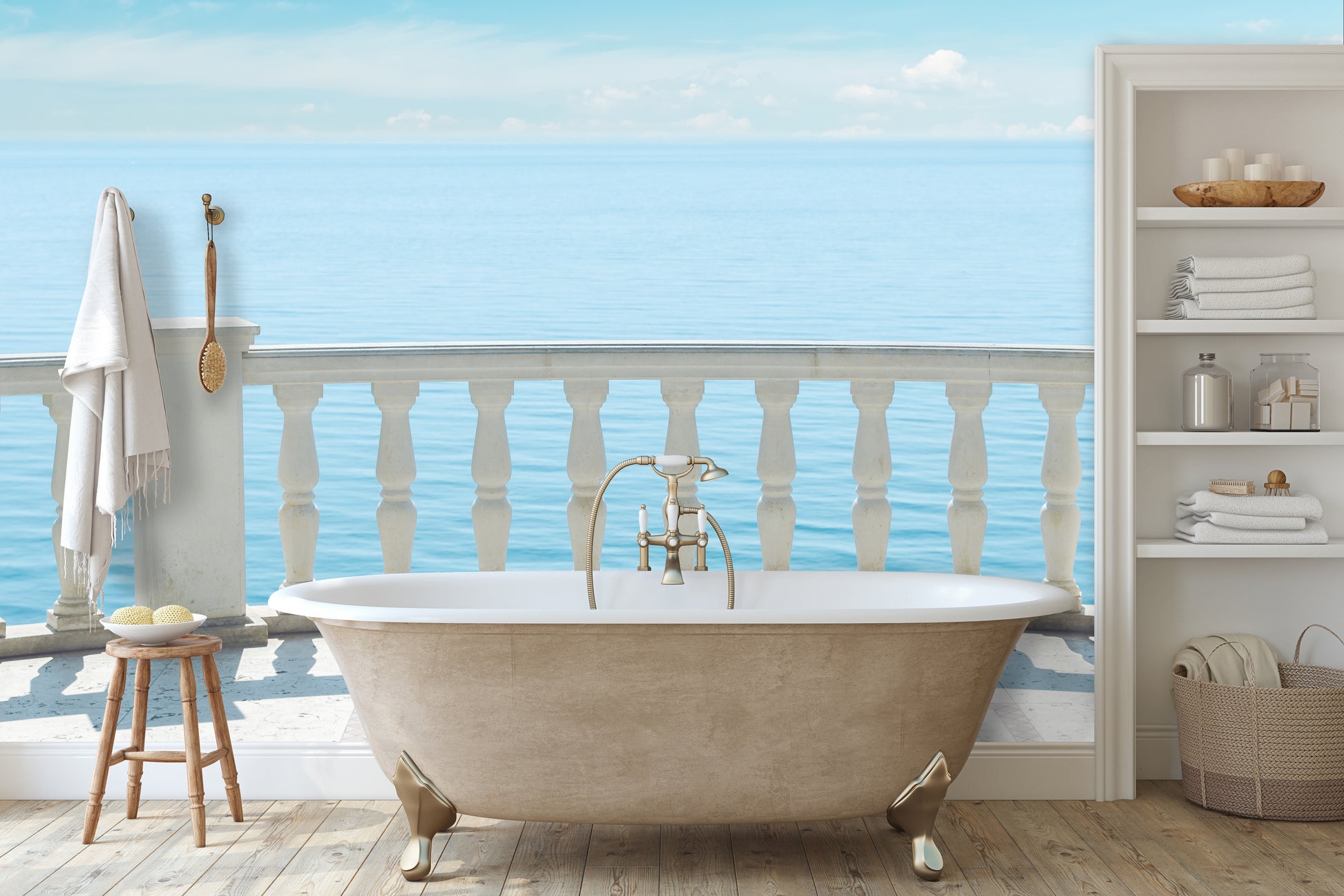 White Railing Balcony Ocean View Wall Mural Wallpaper bathroom