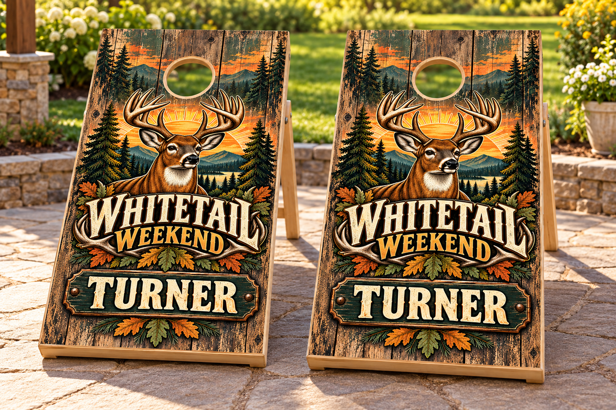 Whitetail Weekend personalized cornhole wraps - mockup