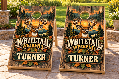 Whitetail Weekend personalized cornhole wraps - mockup