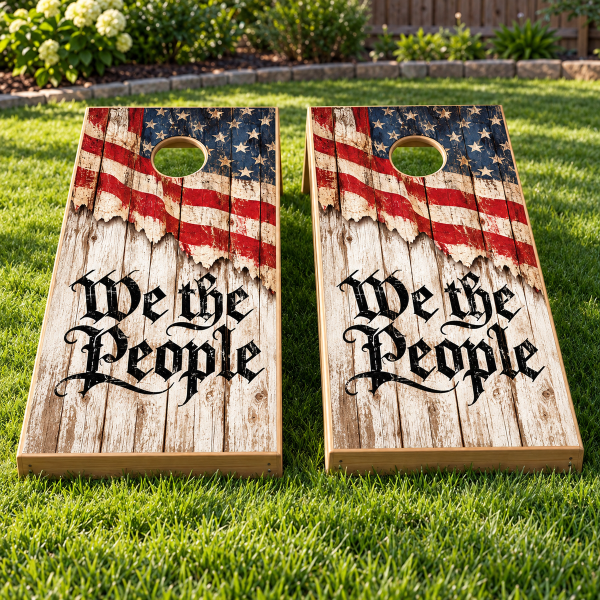 We the People Whitewashed Liberty Cornhole Board Wraps installed on two boards; boards not included