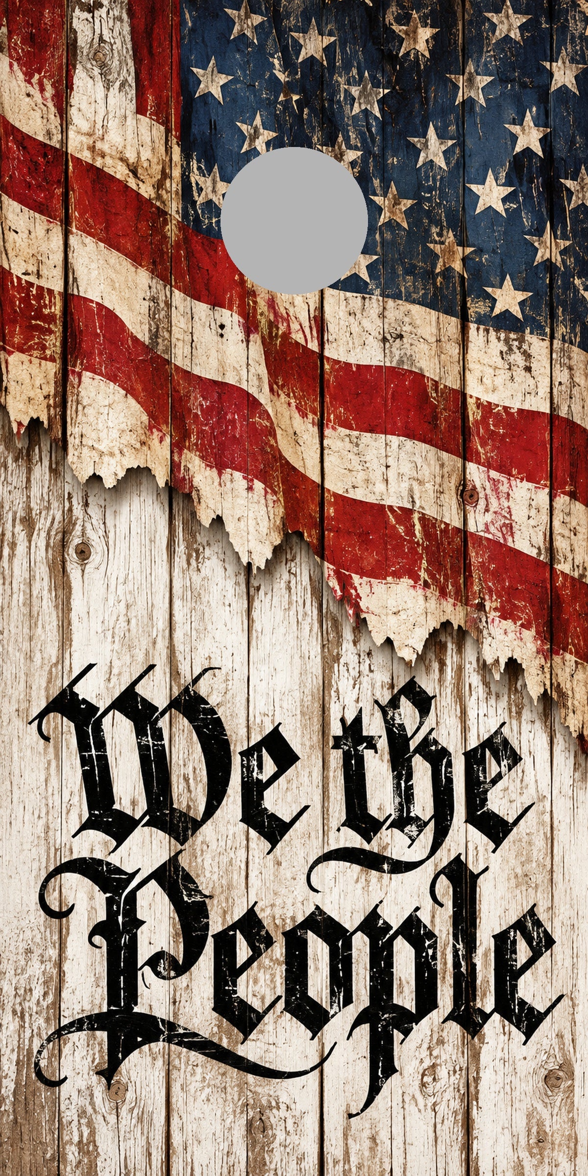 We the People Whitewashed Liberty Cornhole Board Wraps proof with gray regulation hole-position marker