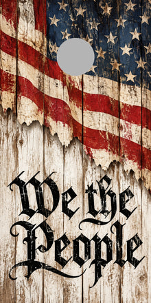 We the People Whitewashed Liberty Cornhole Board Wraps proof with gray regulation hole-position marker
