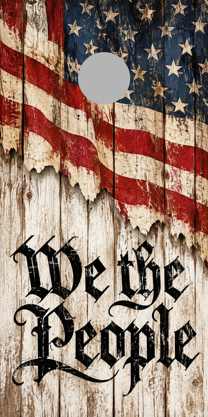 We the People Whitewashed Liberty Cornhole Board Wraps proof with gray regulation hole-position marker