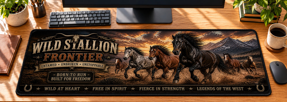 Wild Stallion Frontier Desk Mat in use on a warm wood office desk — overhead workspace view