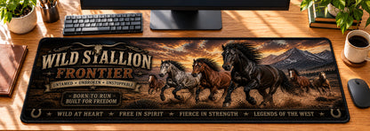 Wild Stallion Frontier Desk Mat in use on a warm wood office desk — overhead workspace view