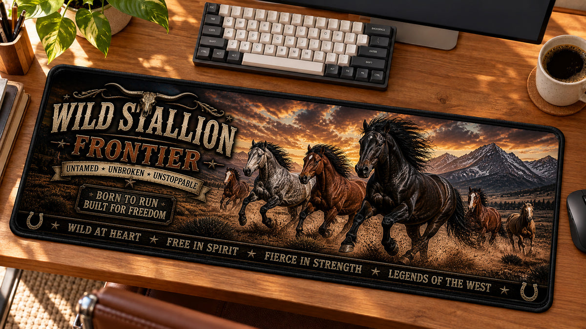 Wild Stallion Frontier Desk Mat in use on a warm wood office desk — angled workspace view