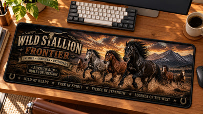 Wild Stallion Frontier Desk Mat in use on a warm wood office desk — angled workspace view