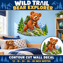 Wild Trail Bear Explorer – Boys Room Wall Decal summary and bedroom mockup – 12 to 48 inch widths