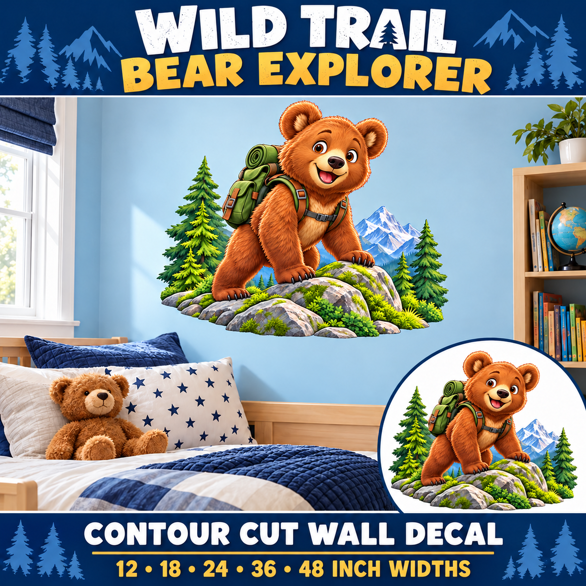 Wild Trail Bear Explorer – Boys Room Wall Decal summary and bedroom mockup – 12 to 48 inch widths