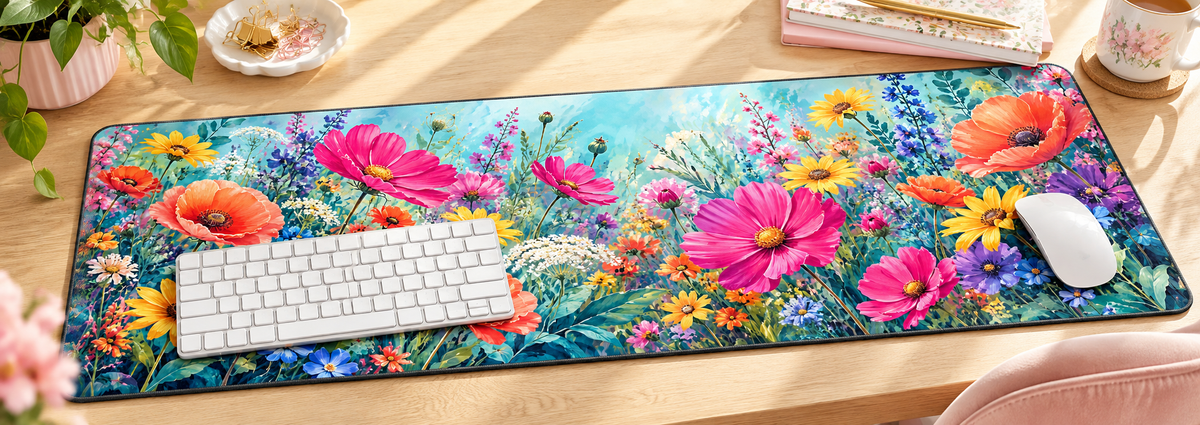 Wildflower Colorburst Desk Mat — angled workspace mockup