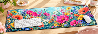 Wildflower Colorburst Desk Mat — angled workspace mockup