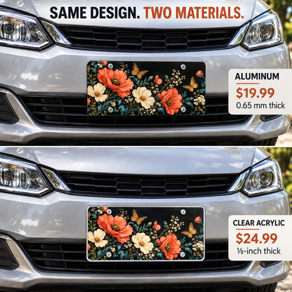 Wildflower Noir license plate mounted on a vehicle in 0.65 mm aluminum and one-eighth-inch acrylic