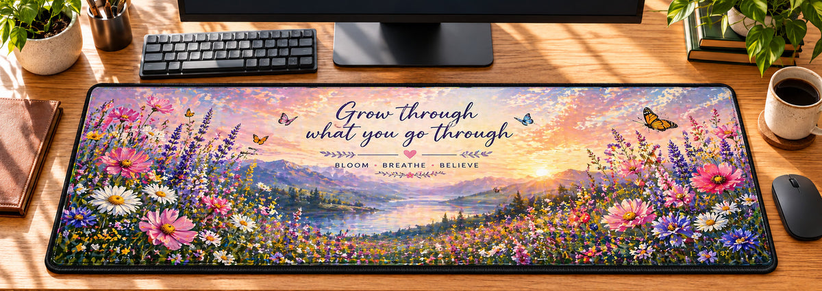 Wildflower Serenity Desk Mat in use on a warm wood office desk — overhead workspace view