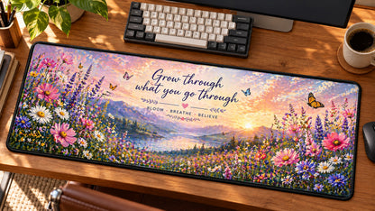 Wildflower Serenity Desk Mat in use on a warm wood office desk — angled workspace view