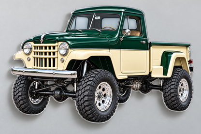 Angled view of 1955 Willys clear contour-cut acrylic truck sign floating on hidden standoffs