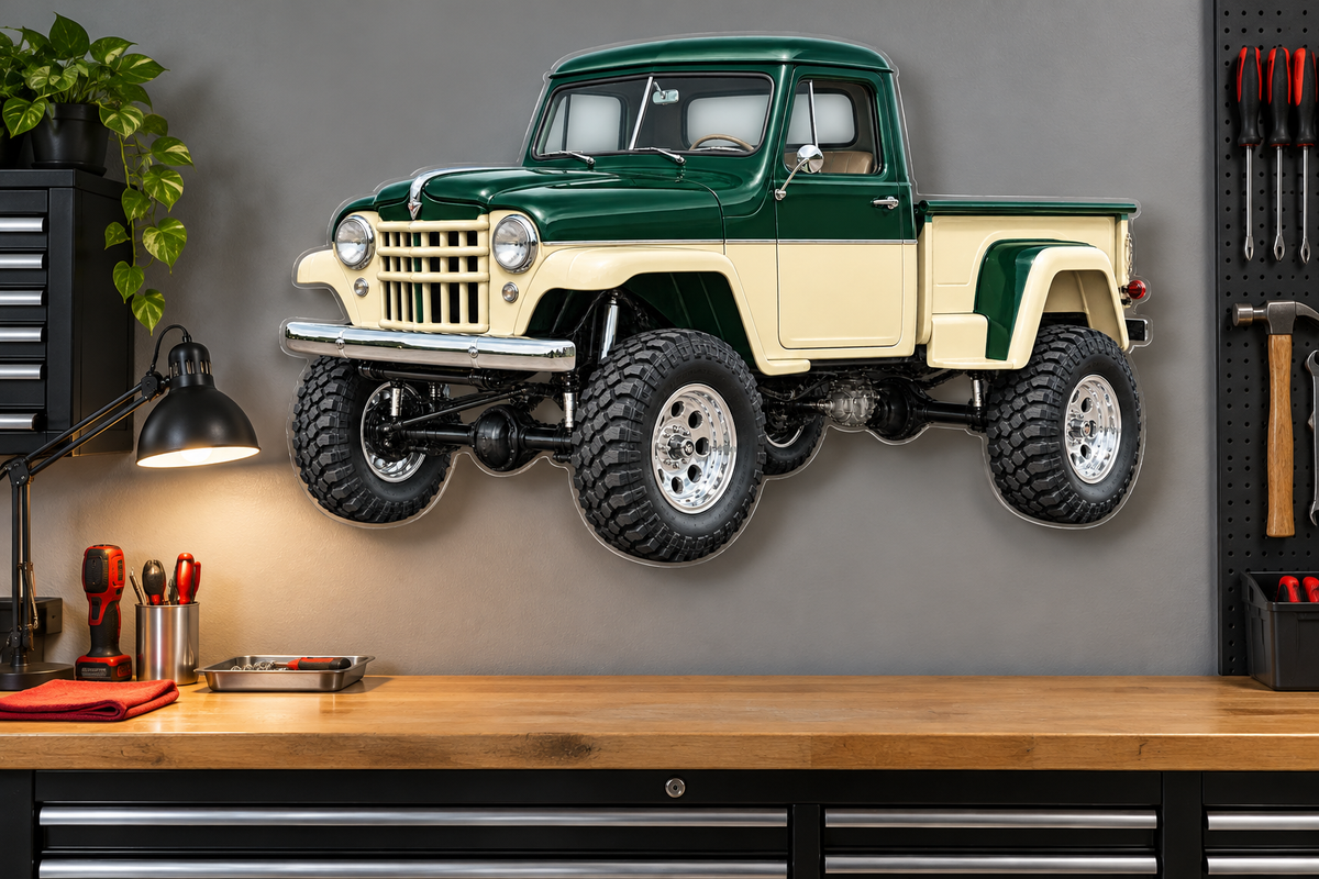 1955 Willys Forest Green and Cream contour-cut acrylic sign mounted over garage workbench with hidden standoffs
