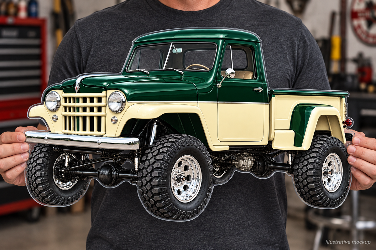 1955 Willys Forest Green and Cream contour-cut acrylic sign held in hands, illustrative mockup