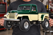 1955 Willys Forest Green and Cream contour-cut acrylic sign held in hands, illustrative mockup