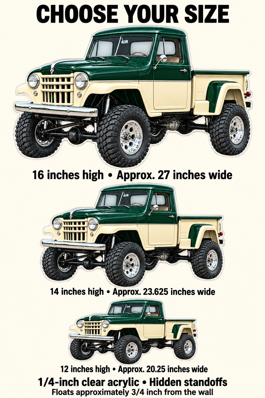 1955 Willys acrylic sign size guide for 12, 14 and 16 inch heights