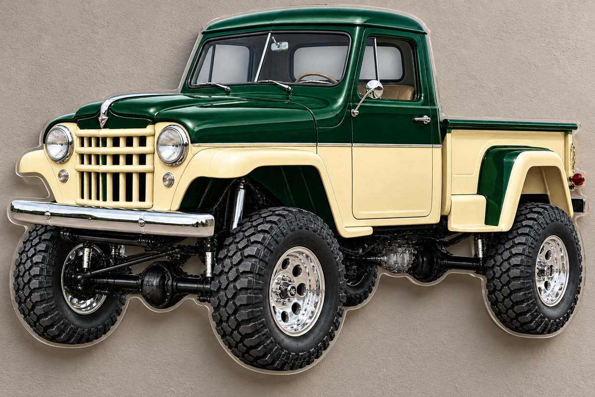 1955 Willys Forest Green and Cream clear acrylic contour-cut wall sign with hidden standoffs