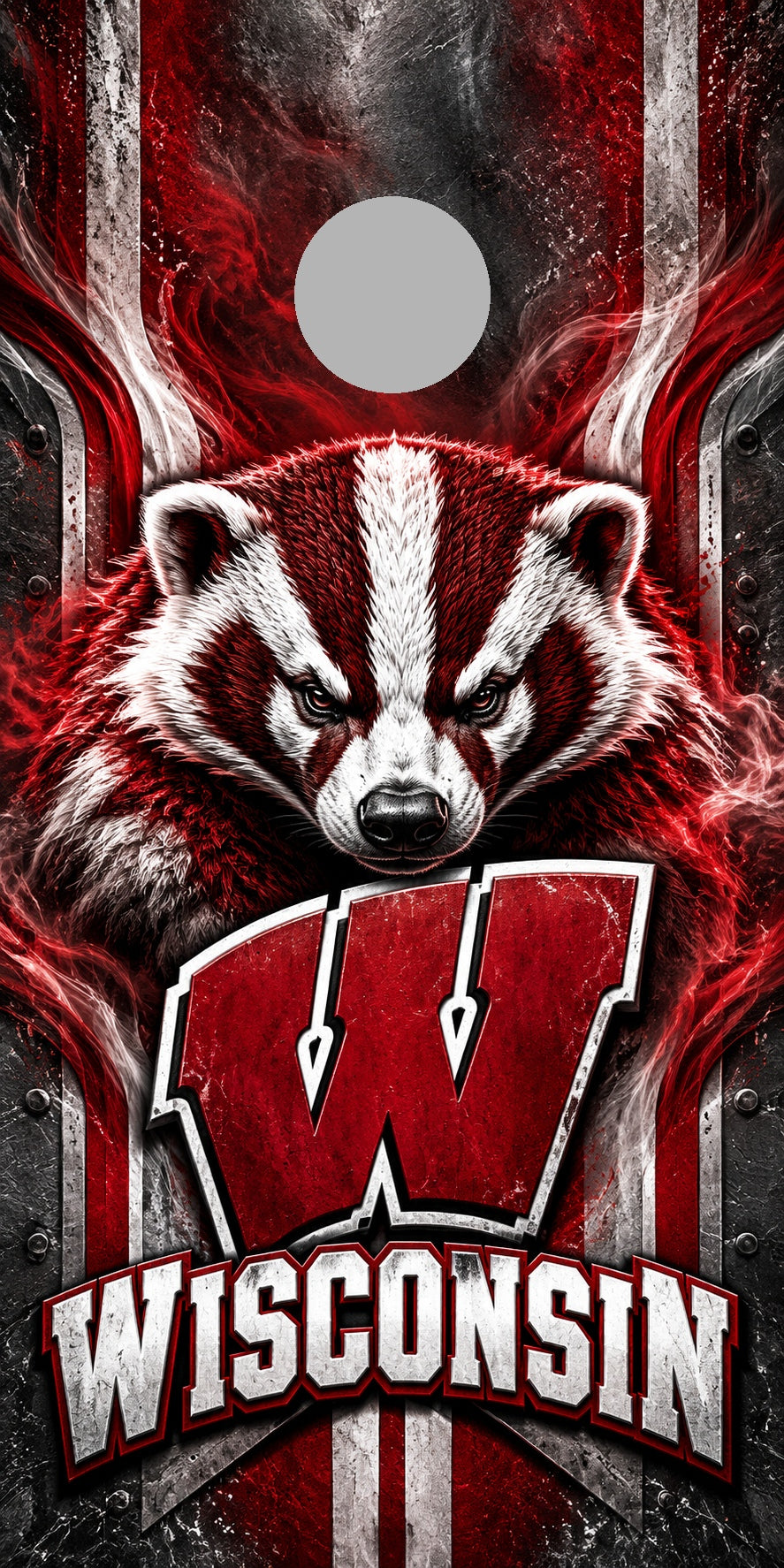 Wisconsin Badger Redline cornhole wrap with plain gray hole placement preview