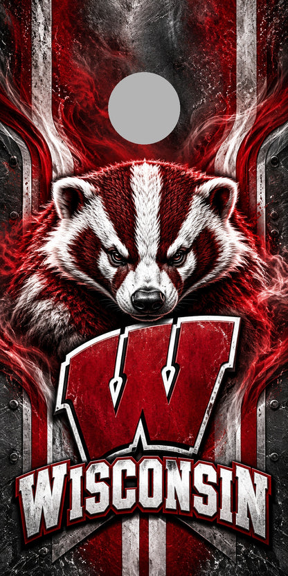 Wisconsin Badger Redline cornhole wrap with plain gray hole placement preview