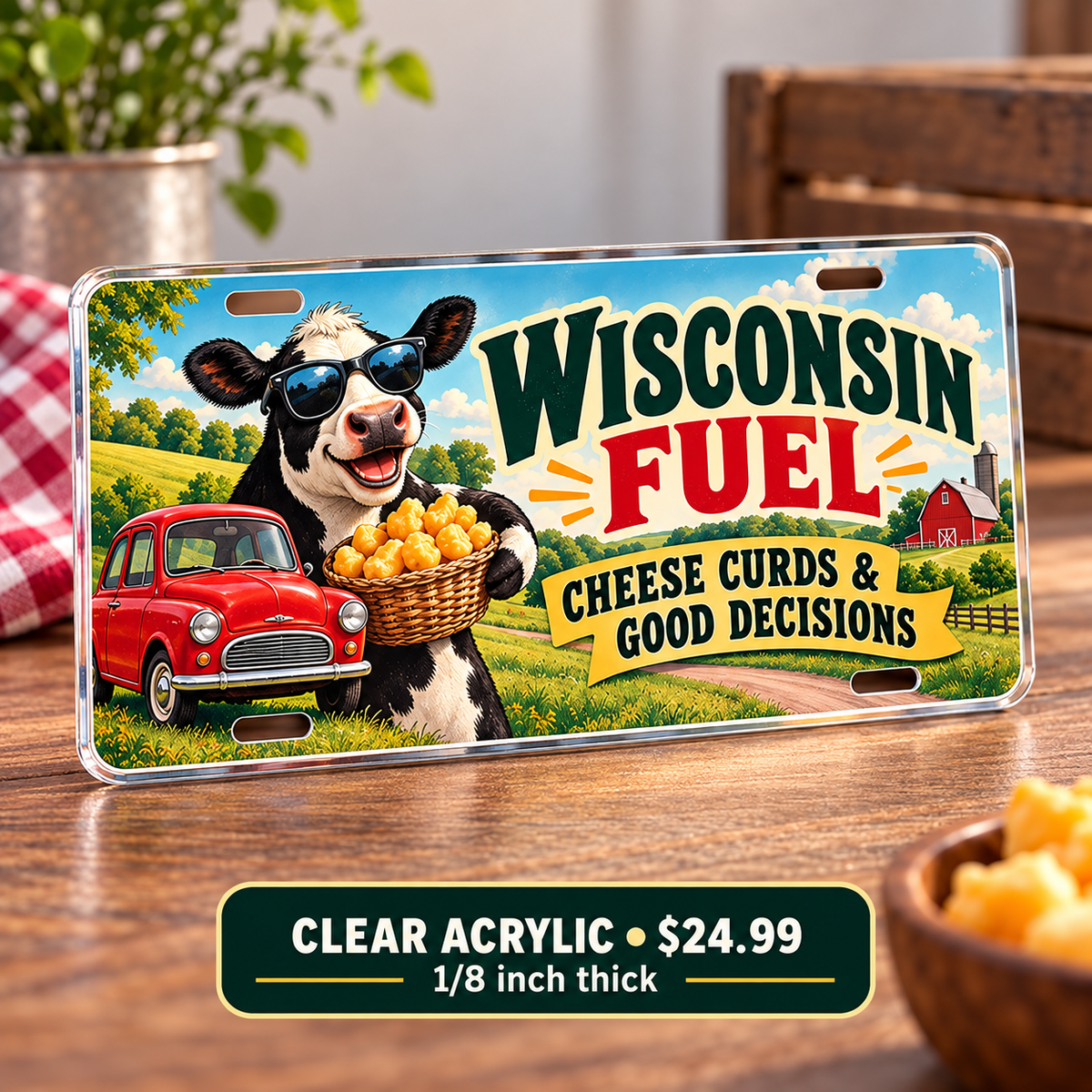 Wisconsin Cheese Fueled funny license plate — one-eighth-inch reverse UV printed acrylic $24.99