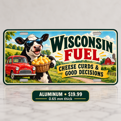 Wisconsin Cheese Fueled funny license plate — 0.65 mm aluminum $19.99