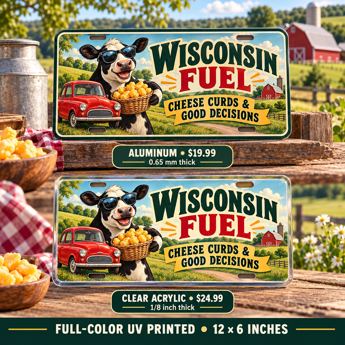 Wisconsin Cheese Fueled funny license plate — aluminum $19.99 and acrylic $24.99 comparison