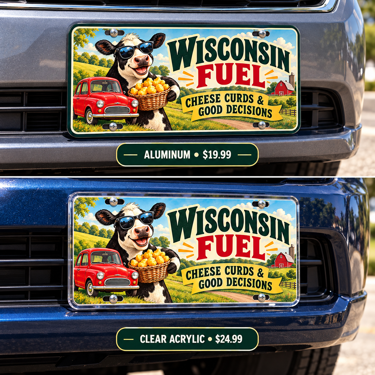 Wisconsin Cheese Fueled funny license plate — aluminum and acrylic plates mounted on vehicles