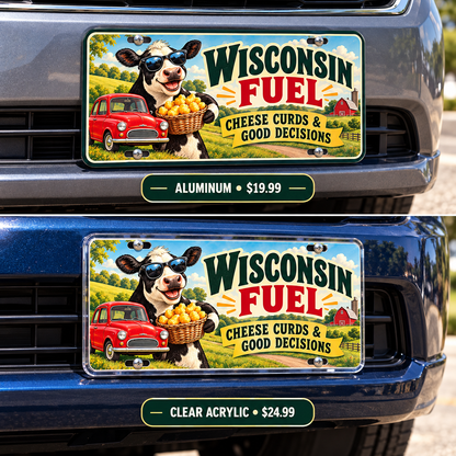 Wisconsin Cheese Fueled funny license plate — aluminum and acrylic plates mounted on vehicles