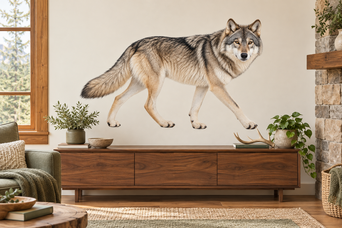 Wilderness Gray Wolf Realistic Large Wall Decal room mockup, illustrative size