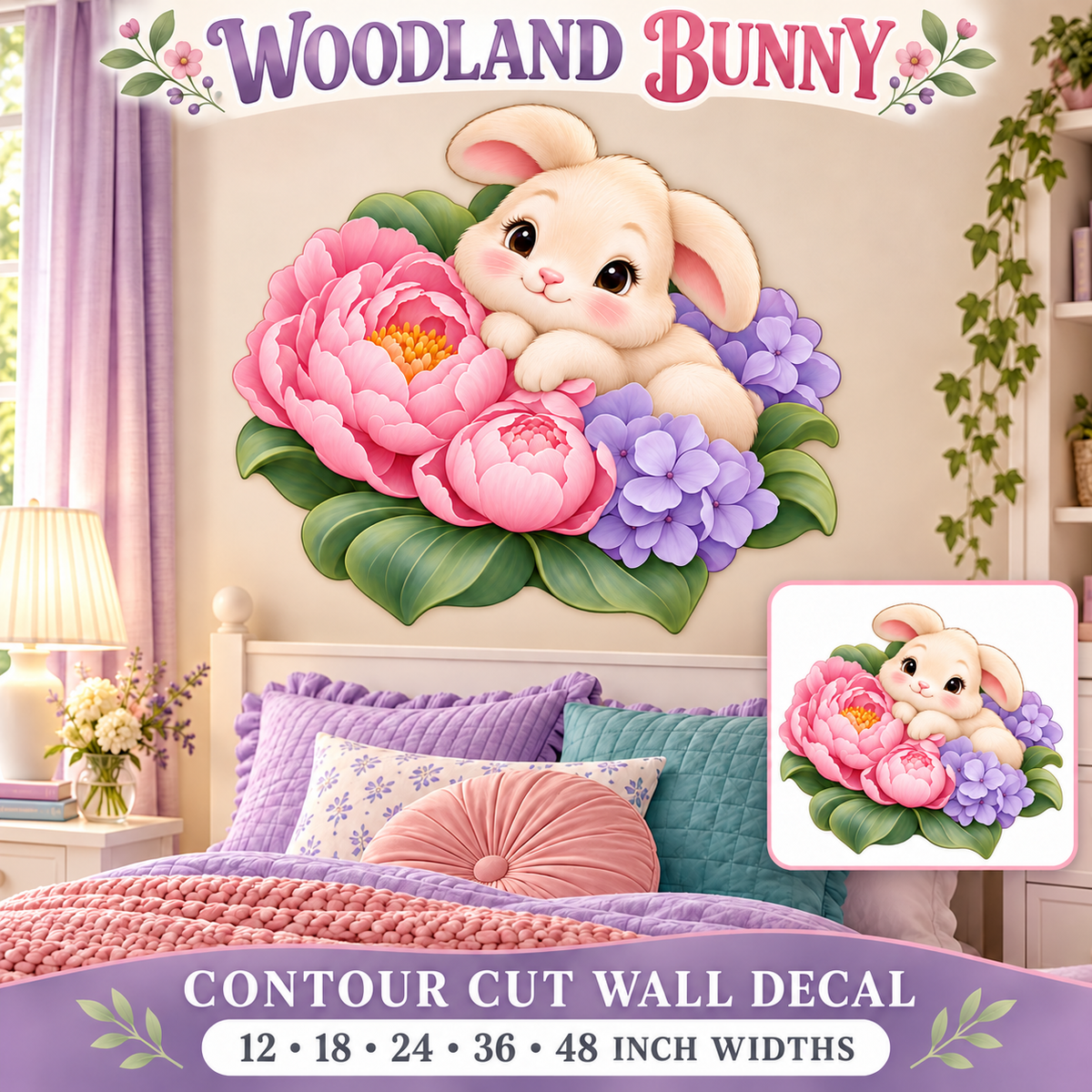 Woodland Bunny – Girls Room Wall Decal summary and bedroom mockup – 12 to 48 inch widths