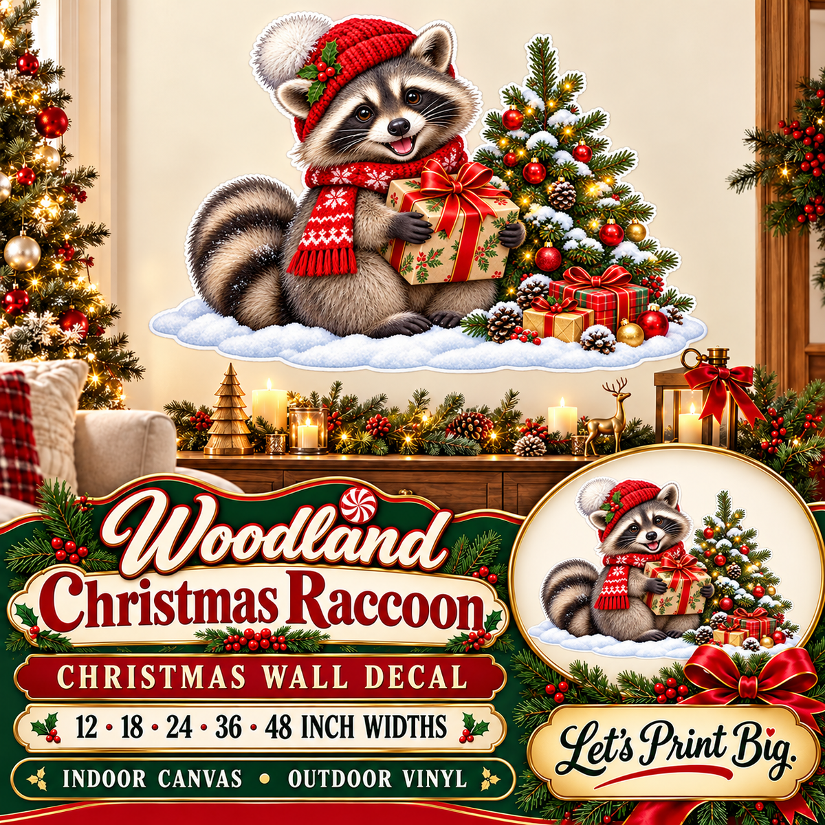 Woodland Christmas Raccoon summary – 12 to 48 inch widths