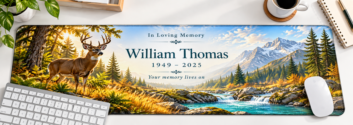 Woodland Legacy Deer memorial desk mat — overhead workspace mockup
