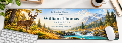 Woodland Legacy Deer memorial desk mat — overhead workspace mockup