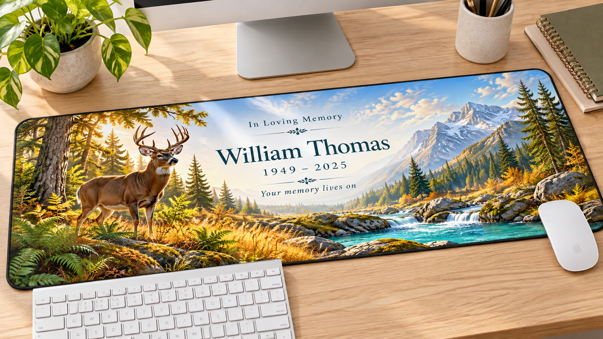 Woodland Legacy Deer memorial desk mat — angled workspace mockup