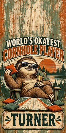 Worlds Okayest Cornhole Player — flat no-hole artwork; sample name TURNER
