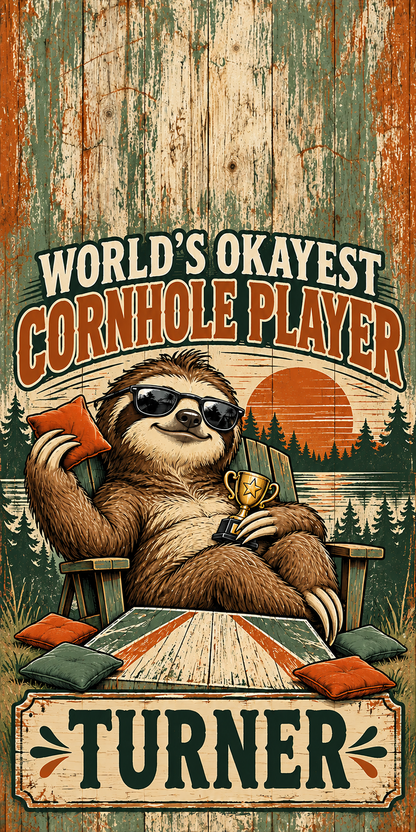 Worlds Okayest Cornhole Player — flat no-hole artwork; sample name TURNER