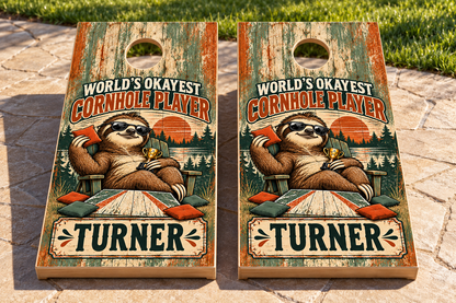 Worlds Okayest Cornhole Player — matching board mockup 1; boards not included