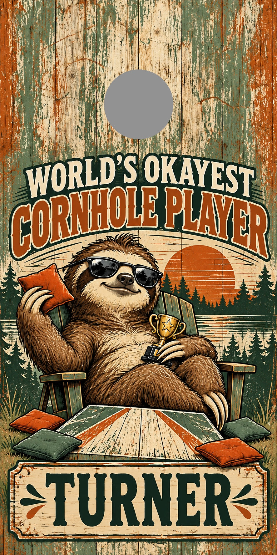 Worlds Okayest Cornhole Player — gray hole position marker; marker not printed