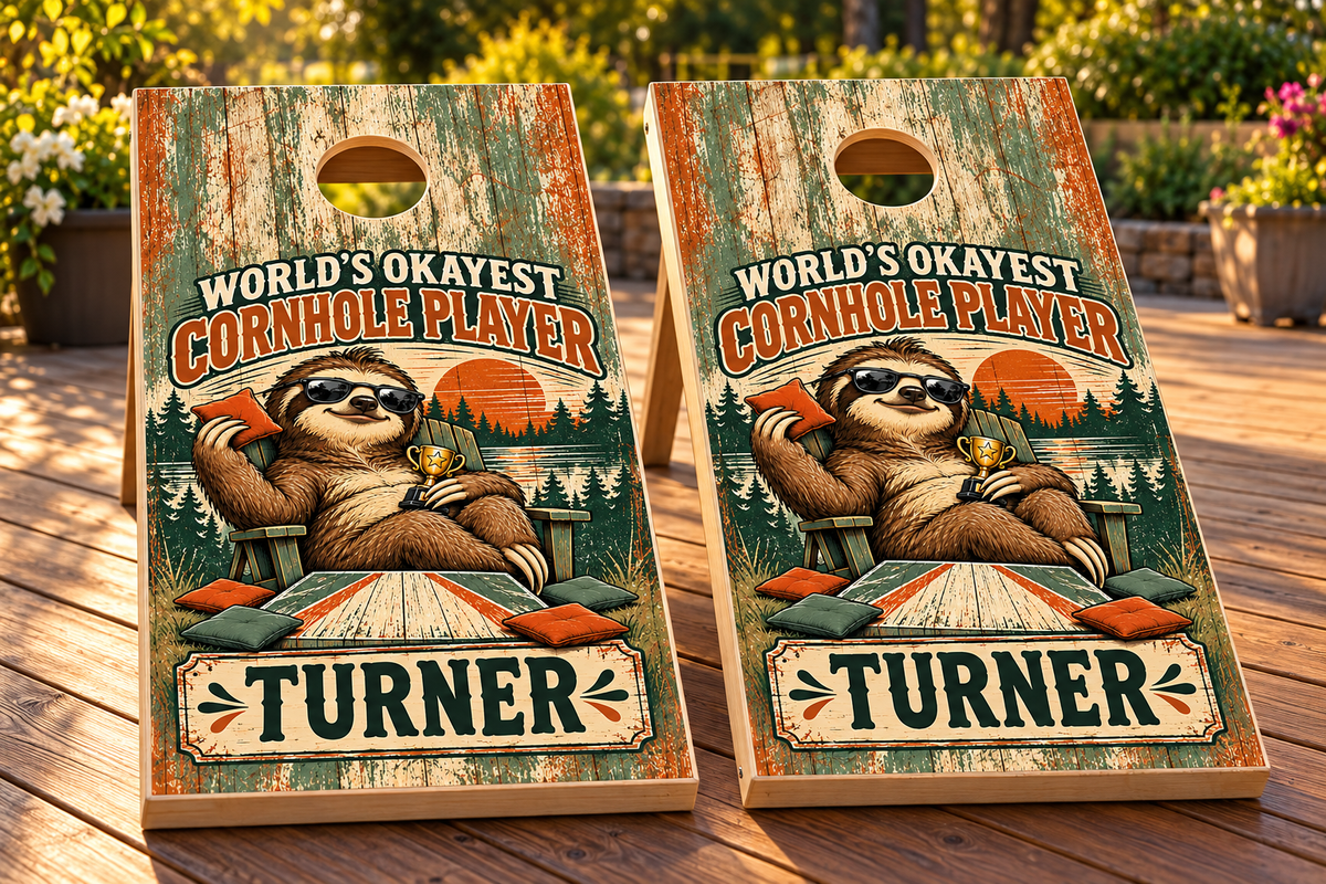 World’s Okayest Cornhole Player — matching board mockup 2; boards not included