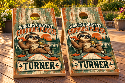 World’s Okayest Cornhole Player — matching board mockup 2; boards not included