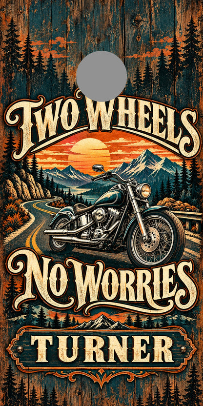 Two Wheels No Worries — gray hole-position proof marker; not printed