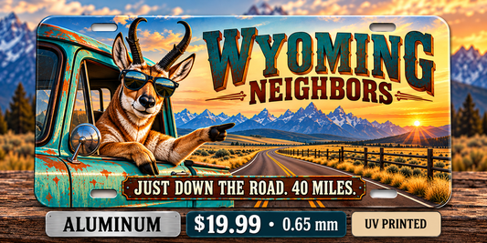 Wyoming Just Down the Road funny license plate — 0.65 mm UV printed aluminum