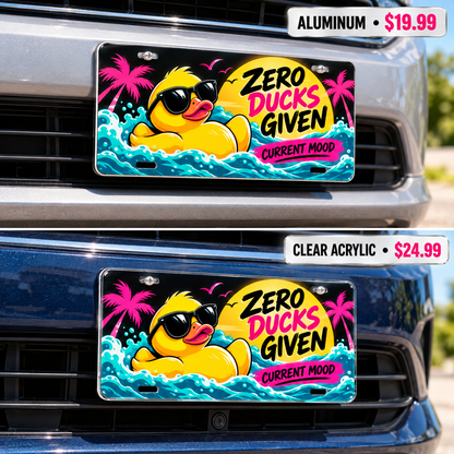 Zero Ducks humorous license plate — aluminum and acrylic plates mounted on vehicles