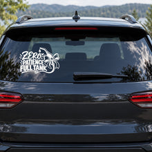 Zero Patience Full Tank Car Window Decal shown on a vehicle window