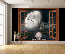 Zombie Peeking in Window View Creepy House Moon Bats Wall Decal Mural