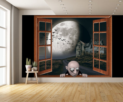 Zombie Peeking in Window View Creepy House Moon Bats Wall Decal Mural